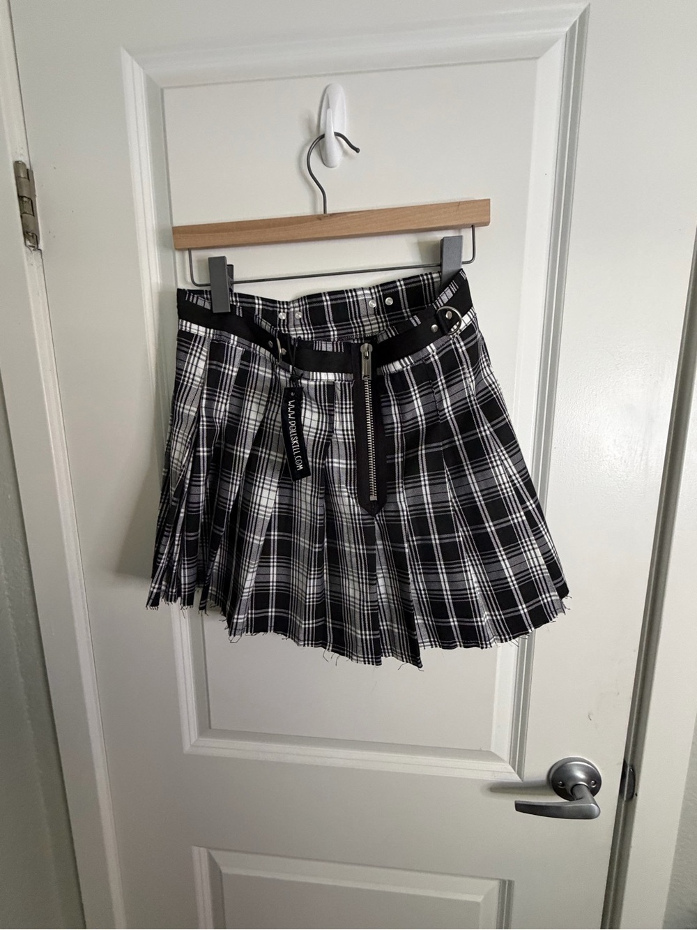 Dolls Kill Black & White Plaid Pleated Mini Skirt with O-Ring Belt